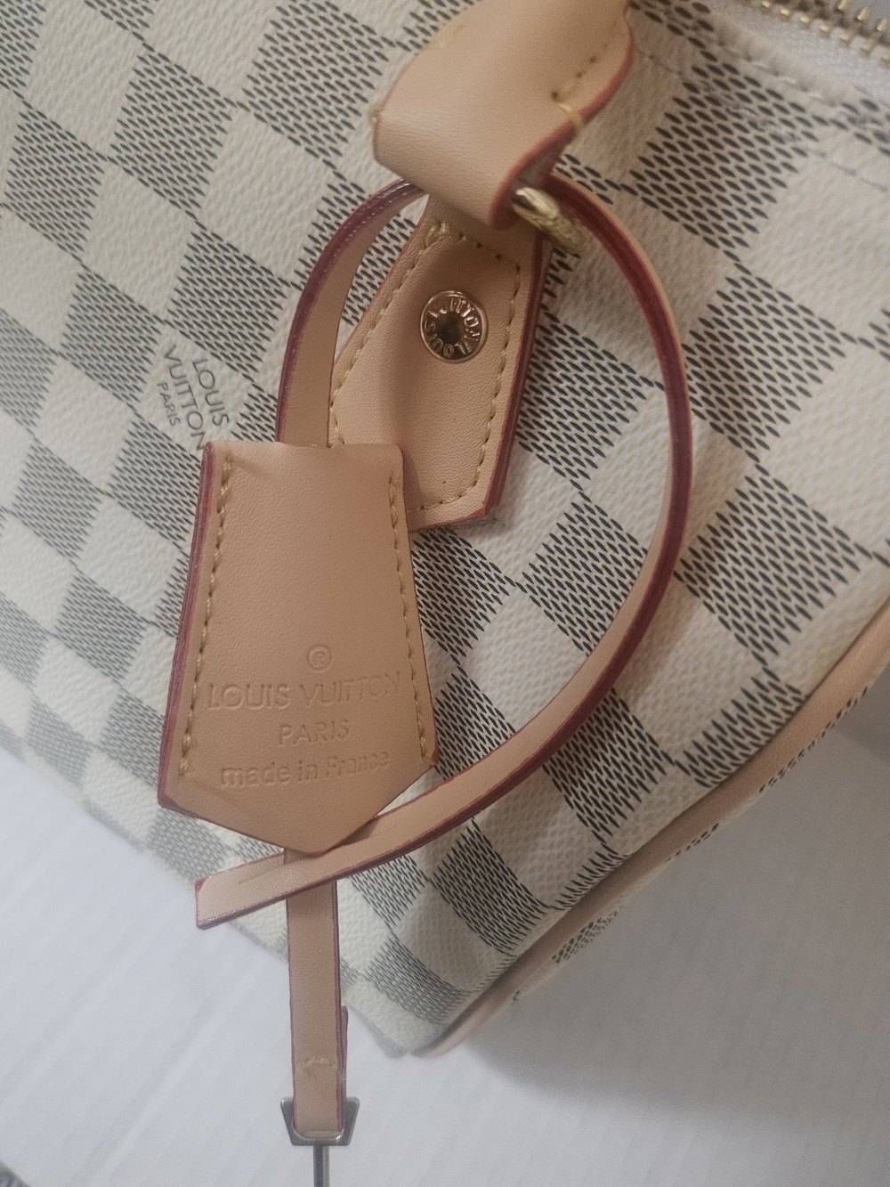 Cream Checkered Women's Satchel Bag with Leather Trim Speedy 25 - Picture 3 of 11